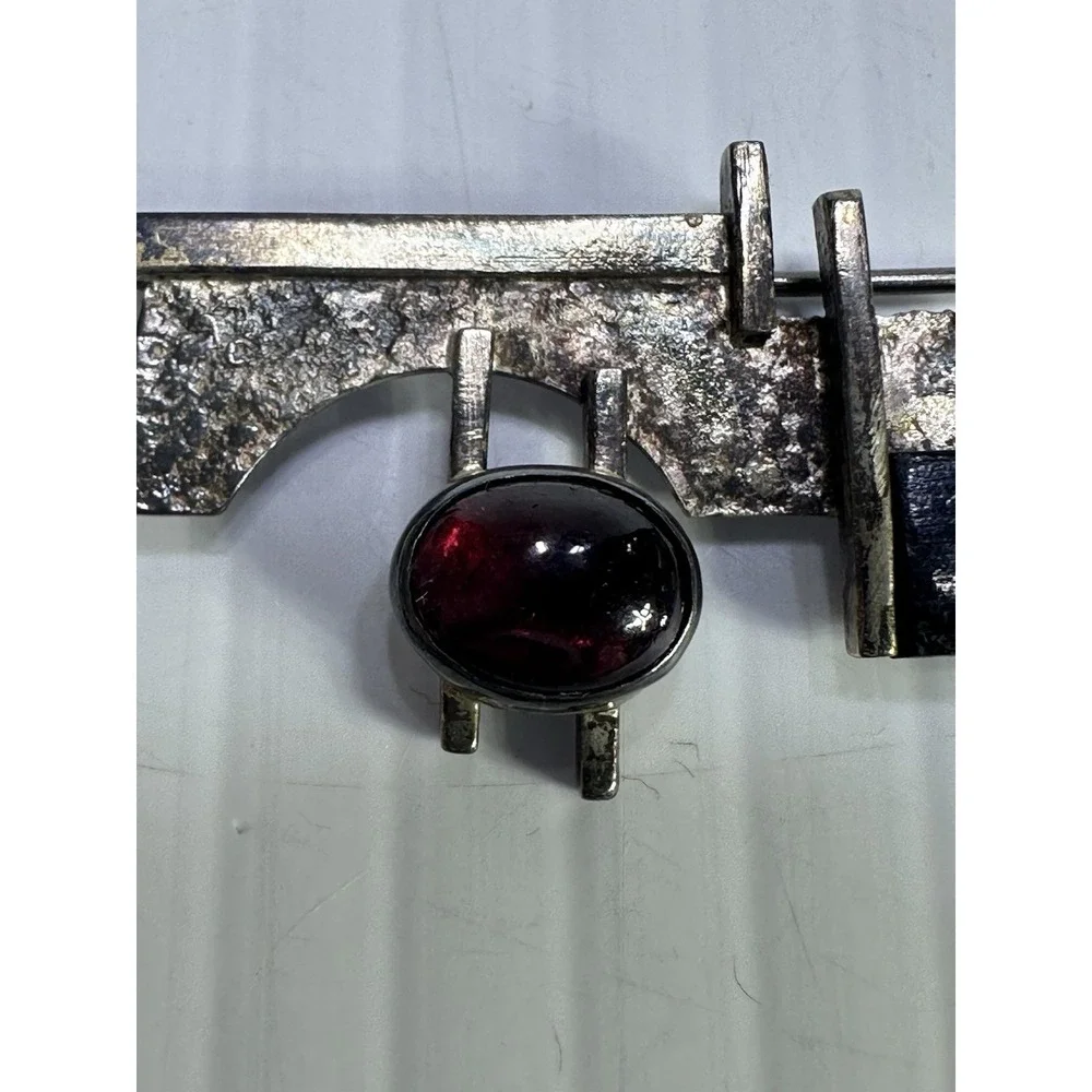 VINTAGE bolz STERLING SILVER BROOCH RED STONE BLACK WOOD MODERNIST
